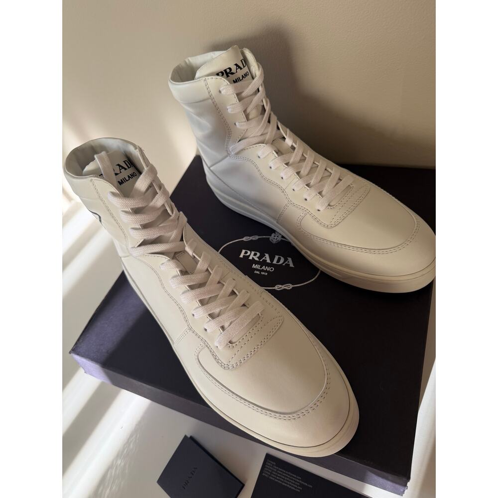 Prada White Sneakers Vitello High Top Leather Trainers Size 41 100% Authentic - Picture 9 of 12